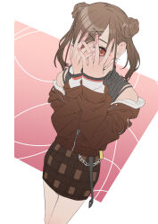 Rule 34 | 1girl, absurdres, brown hair, brown jacket, covering face, double bun, hair bun, highres, idolmaster, idolmaster shiny colors, jacket, jacket partially removed, looking at viewer, naga-agan, nail polish, red eyes, solo, sonoda chiyoko, twintails