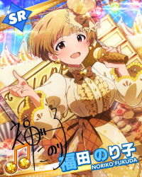 Rule 34 | 10s, 1girl, :d, beamed quavers, blonde hair, bow, bowtie, brown eyes, card (medium), character name, character signature, earrings, food-themed clothes, fukuda noriko, hat, idolmaster, idolmaster million live!, index finger raised, jewelry, looking at viewer, microphone, music, musical note, official art, open mouth, short hair, signature, singing, smile, solo, wireless