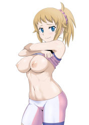 Rule 34 | 1girl, armpits, arms up, bare arms, bare shoulders, bike shorts, blue eyes, blush, breasts, breasts out, brown hair, closed mouth, clothes lift, cowboy shot, gundam, gundam build fighters, gundam build fighters try, hair ornament, hair scrunchie, hoshino fumina, lifted by self, long hair, looking at viewer, medium breasts, minpei ichigo, navel, nipples, ponytail, scrunchie, sidelocks, simple background, smile, solo, sports bra, sports bra lift, stomach, two-tone sports bra, undressing, white background