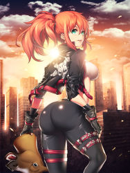 Rule 34 | 1girl, ass, bustier, camophilia, city, fingerless gloves, gloves, green eyes, highres, horse mask, jacket, kaizin rumble, leather, leather gloves, leather jacket, leather pants, lens flare, looking back, mask, orange hair, pants, side ponytail, thigh strap