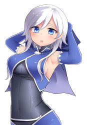 Rule 34 | 1girl, absurdres, armpits, arms behind head, arms up, blue eyes, bodysuit, commentary request, covered navel, cowboy shot, elbow gloves, gloves, hair between eyes, highres, long hair, neit ni sei, open mouth, original, sidelocks, silver hair, simple background, sleeveless, solo, white background