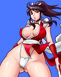 Rule 34 | 1girl, bad id, bad pixiv id, black hair, breasts, brown eyes, brown hair, cleavage, covered erect nipples, fatal fury, fjt (fjym2), fjym2, gloves, green eyes, highleg, highleg panties, hip focus, large breasts, lips, long hair, lowres, panties, pelvic curtain, ponytail, revealing clothes, shiranui mai, snk, solo, the king of fighters, thong, underwear, white panties
