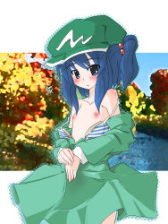 Rule 34 | 1girl, blue eyes, blue hair, blush, bra, bra pull, breast padding, clothes pull, dress, dress pull, female focus, flat chest, hair bobbles, hair ornament, hat, jacket, kawashiro nitori, lingerie, matching hair/eyes, naik, nipples, open clothes, open jacket, solo, striped bra, striped clothes, topless, touhou, twintails, two side up, underwear, undressing