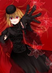 Rule 34 | 1girl, absurdres, alternate costume, alternate headwear, ambiguous red liquid, bags under eyes, black dress, black gloves, black hat, blonde hair, commentary request, dress, feet out of frame, flower, foreshortening, frilled sleeves, frills, from above, funeral dress, gloves, hair between eyes, hand on own chest, hat, highres, juliet sleeves, junko (touhou), lipstick, long dress, long hair, long sleeves, looking at viewer, lying, makeup, mimoto (aszxdfcv), on back, open mouth, outstretched arm, partially submerged, pink lips, puffy sleeves, reaching, reaching towards viewer, red background, red eyes, red flower, ripples, slit pupils, smile, solo, touhou, veil, very long hair, wide sleeves