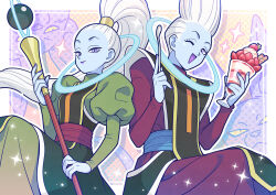 1girl 3boys beerus blue_skin border brother_and_sister brothers champa_(dragon_ball) closed_mouth colored_skin commentary_request dragon_ball dragon_ball_super dress floating_hair food green_dress high_ponytail holding holding_food holding_spoon holding_staff juliet_sleeves long_sleeves looking_at_viewer multiple_boys one_eye_closed open_mouth parfait puffy_sleeves purple_dress purple_lips purple_nails purple_skin rim1010 siblings sitting sparkle spoon staff strawberry_parfait vados_(dragon_ball) whis white_border white_hair