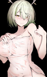Rule 34 | 1girl, antlers, black background, blush, breasts, ceres fauna, cleavage, green hair, hand on own chest, highres, hololive, hololive english, horns, large breasts, looking at viewer, mole, mole under eye, naked towel, sak1 01, short hair, solo, towel, virtual youtuber, yellow eyes