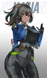 1girl absurdres black_gloves black_hair blue_jacket breasts character_name gloves gradient_background high-waist_pants highres indy_k jacket large_breasts long_hair looking_at_viewer metal_hairband multicolored_hair pants police police_uniform policewoman ponytail red_hair solo standing streaked_hair tight_clothes tight_pants two-tone_hair zenless_zone_zero zhu_yuan