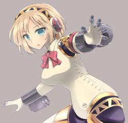 Rule 34 | 1girl, aegis (persona), atlus, blonde hair, blue eyes, bow, breasts, grey background, persona, persona 3, short hair, simple background, solo, van-s