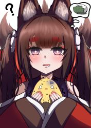 Rule 34 | 1girl, 1other, ?, absurdres, amagi-chan (azur lane), animal, azur lane, bird, bite mark, blunt bangs, brown hair, chick, commentary request, drooling, eyeshadow, hair between eyes, hair ornament, highres, holding, holding animal, japanese clothes, kashiwa mochi (food), kimono, kitsune, kyuubi, long hair, long sleeves, looking at viewer, makeup, manjuu (azur lane), multiple tails, off shoulder, purple eyes, scared, sidelocks, simple background, siota1998, spoken object, tail, thick eyebrows, twintails, white background, wide sleeves