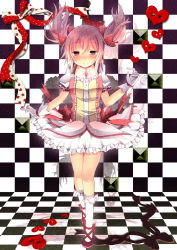 Rule 34 | 10s, 1girl, bad id, bad pixiv id, blush, bubble skirt, checkered floor, choker, floating hair, floor, gloves, heart, highres, kaname madoka, magical girl, mahou shoujo madoka magica, mahou shoujo madoka magica (anime), oruto (ort+), oruton, pink eyes, pink hair, puffy sleeves, ribbon, shoes, short hair, short twintails, skirt, smile, solo, twintails, white gloves