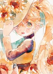 Rule 34 | 1girl, blonde hair, blush, commentary, creatures (company), flower, from side, game freak, green eyes, hand on headwear, hand up, hat, hat flower, highres, long hair, long sleeves, looking at viewer, looking to the side, lower teeth only, nintendo, oharu-chan, open mouth, orange tunic, painting (medium), pokemon, pokemon adventures, ponytail, shirt, smile, solo, symbol-only commentary, teeth, tongue, traditional media, watercolor (medium), yellow (pokemon), yellow hat