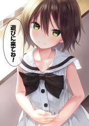 Rule 34 | 1girl, bare arms, black bow, black bowtie, blush, bow, bowtie, brown hair, capriccio, closed mouth, copyright request, dress, green eyes, hair between eyes, head tilt, looking at viewer, sailor collar, sailor dress, short hair, smile, solo, speech bubble, standing, translated, upper body, white dress, white sailor collar
