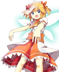 Rule 34 | 1girl, ascot, blouse, blue eyes, fairy wings, fang, gradient background, hair ribbon, hayaneko (ceceragi), headdress, highres, looking at viewer, ofuda, open mouth, orange hair, outstretched arms, ribbon, shirt, short hair, short sleeves, simple background, skirt, solo, sunny milk, touhou, twintails, wings, zombie pose