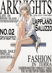 1girl absurdres alternate_costume animal_ears arknights barefoot blue_shorts character_name chinese_commentary commentary_request copyright_name cover english_text fake_magazine_cover full_body green_eyes grey_hair grey_tail hair_between_eyes hair_ornament hairclip hatching_(texture) highres knight_fault lappland_(arknights) linear_hatching long_sleeves looking_at_viewer magazine_cover open_mouth pixiv_id scar scar_across_eye shirt shorts sitting sketch solo tail white_shirt wolf_ears wolf_girl wolf_tail