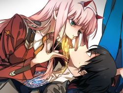Rule 34 | 10s, 1boy, 1girl, black hair, black pantyhose, blue eyes, bread slice, breasts, commentary, couple, darling in the franxx, food, food in mouth, girl on top, green eyes, hair ornament, hairband, hand on another&#039;s head, hetero, hiro (darling in the franxx), honey, horns, long hair, long sleeves, looking at another, lying, military, military uniform, mouth hold, necktie, nirak, on back, oni horns, open clothes, orange neckwear, pantyhose, pink hair, red horns, scar, scar on chest, straddling, toast, toast in mouth, uniform, white hairband, zero two (darling in the franxx)