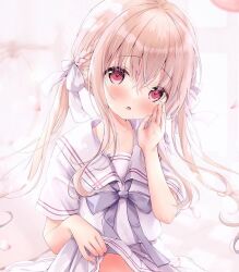 Rule 34 | 1girl, amedamacon, blurry, blurry background, blush, bow, braid, brown hair, clothes lift, commentary, depth of field, grey bow, hair between eyes, hair bow, hand to own mouth, hand up, head tilt, long hair, looking at viewer, low twintails, original, out-of-frame censoring, parted lips, petals, pleated skirt, red eyes, shirt, short sleeves, skirt, skirt lift, solo, twintails, very long hair, white bow, white shirt, white skirt