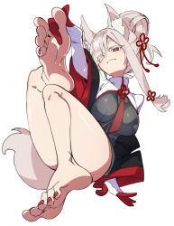 Rule 34 | 1girl, absurdres, animal ear fluff, animal ears, barefoot, blush, breasts, closed mouth, commission, convenient leg, dress, eyelashes, feet, folded ponytail, foot up, foreshortening, fox ears, fox girl, fox tail, full body, gloves, grey dress, grey hair, hair ornament, hair over one eye, highres, impossible clothes, large breasts, leaning back, long sleeves, looking at viewer, nail polish, one eye closed, original, parted bangs, pixiv commission, red eyes, red nails, short eyebrows, simple background, soles, solo, tail, thick eyebrows, thighs, toenail polish, toenails, toes, ushiki yoshitaka, white background, wide sleeves