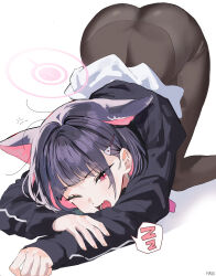 1girl absurdres animal_ears ass black_hair black_jacket black_pantyhose blue_archive cat_ears cat_girl colored_inner_animal_ears colored_inner_hair commentary_request extra_ears hair_ornament hairclip halo haze_(ohw8g) highres hood hood_down hooded_jacket jacket kazusa_(blue_archive) long_sleeves looking_at_viewer multicolored_hair open_mouth panties panties_under_pantyhose pantyhose pantylines pink_eyes pink_hair pink_halo short_hair simple_background single_ear_down skirt slit_pupils solo speech_bubble tearing_up top-down_bottom-up underwear white_background white_skirt yawning