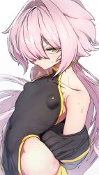 1girl absurdres bare_shoulders black_dress blush breasts china_dress chinese_clothes dress hair_over_one_eye highres jacket long_hair looking_at_viewer low_twintails navel off_shoulder open_clothes open_jacket original pink_hair rikudo_yayoi sawtatsu side_slit simple_background small_breasts solo sweat twintails white_background yellow_eyes