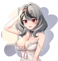 Rule 34 | 1girl, :d, absurdres, areola slip, arm up, bare arms, bare shoulders, black hair, blush, braid, breasts, camisole, cleavage, collar, collarbone, commentary request, ear piercing, fang, frills, grey hair, hair ornament, hand in own hair, heart, highres, hololive, large breasts, looking at viewer, merong, multicolored hair, open mouth, piercing, red eyes, sakamata chloe, short hair, skin fang, smile, solo, strap slip, sweatdrop, two-tone hair, upper body, virtual youtuber, x hair ornament