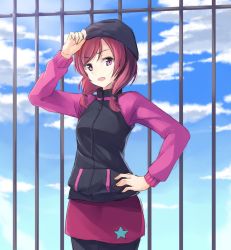 Rule 34 | 10s, 1girl, adjusting clothes, adjusting headwear, beanie, cloud, cowboy shot, day, hand on own hip, hat, highres, jacket, long sleeves, looking at viewer, love live!, love live! school idol festival, love live! school idol project, nishikino maki, open mouth, outdoors, pants, purple eyes, red hair, short hair, sky, sleeveless, smile, solo, standing, star (symbol), sweater, wawawa (hisuterisisusa)
