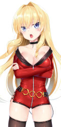 Rule 34 | 1girl, bare shoulders, belt, black choker, black thighhighs, blonde hair, blue eyes, breasts, chain, choker, cleavage, collarbone, cowboy shot, cross, cross-laced clothes, crossed arms, crossed bangs, drill hair, hair between eyes, heart, highres, large breasts, legs apart, leotard, looking at viewer, mixed-language commentary, mvv, o-ring, off shoulder, open mouth, original, red leotard, red sleeves, shadow, simple background, sleeves past wrists, solo, standing, teeth, thighhighs, thighs, tongue, tsundere, upper teeth only, white background, zipper pull tab
