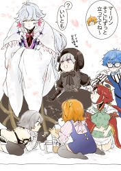 Rule 34 | 2boys, 4girls, aged down, ahoge, alternate costume, bandaged arm, bandages, bare shoulders, benienma (fate), beret, black bow, black dress, black gloves, black headwear, blue hair, blue neckwear, bow, bowtie, braid, child, commentary request, cup, disposable cup, dress, fate/grand order, fate (series), fujimaru ritsuka (female), fur trim, glasses, gloves, hair between eyes, hair ornament, hair scrunchie, hans christian andersen (fate), hat, highres, holding, jack the ripper (fate/apocrypha), japanese clothes, kashiyama, kimono, leonardo da vinci (fate), long hair, long sleeves, low ponytail, merlin (fate), messy hair, multiple boys, multiple girls, nursery rhyme (fate), open mouth, orange hair, parted bangs, pink ribbon, ponytail, purple eyes, red hair, revealing clothes, ribbon, robe, scrunchie, short hair, side ponytail, smile, soda bottle, suspenders, sweatdrop, thighhighs, translation request, twin braids, very long hair, vest, white hair, wide sleeves, yellow scrunchie