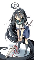 Rule 34 | 1990s (style), 1girl, absurdly long hair, ahoge, alternate hair length, alternate hairstyle, black hair, breasts, kantai collection, large breasts, long hair, name connection, nonco, parody, polearm, retro artstyle, school uniform, serafuku, simple background, skirt, solo, spear, ushio (kancolle), ushio to tora, very long hair, weapon