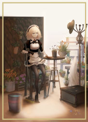Rule 34 | 1girl, absurdres, apron, black footwear, black gloves, black pantyhose, blonde hair, blue eyes, breasts, bucket, chair, character name, chinese commentary, closed mouth, collar, commentary request, dated, day, dress, fingerless gloves, frown, full body, g36 (girls&#039; frontline), girls&#039; frontline, gloves, hair between eyes, hat, unworn hat, unworn headwear, headwear request, highres, indoors, kato (kato), looking at viewer, maid, maid apron, maid headdress, medium hair, navel, pantyhose, plant, puffy sleeves, room, shirt, shoes, sitting, solo, stomach, table, water