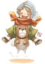 Rule 34 | androgynous, child, dog, gender request, grin, happy, hat, jacket, riding, scarf, shiba inu, smile, solo, yuuryuu nagare