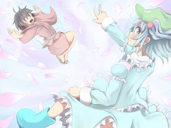 Rule 34 | 2girls, bad id, bad pixiv id, black hair, blue eyes, blue hair, cherry blossoms, female focus, fujiwara no mokou, fujiwara no mokou (young), hair bobbles, hair ornament, hat, kawashiro nitori, multiple girls, open mouth, outstretched arms, short hair, shuga (soranote), smile, spread arms, touhou, twintails, two side up, v