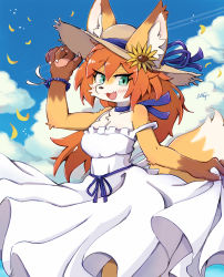 Rule 34 | 1girl, :3, adjusting clothes, adjusting headwear, animal ears, animal hands, arm up, artist name, back bow, bare shoulders, blue ribbon, blue sky, blush, bow, bracelet, breasts, brown hat, claws, cleavage, cloud, collarbone, contrail, day, dress, fang, female focus, flower, fox ears, fox tail, furry, furry female, green eyes, hat, hat flower, hat ribbon, jewelry, long hair, looking to the side, medium breasts, moriguru77, open mouth, orange hair, original, outdoors, pawpads, petals, ribbon, signature, skin fang, sky, sleeveless, sleeveless dress, smile, solo, standing, strap slip, straw hat, sun hat, sunflower, tail, white dress, wind, yellow flower