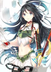 Rule 34 | 10s, 1girl, arrow (projectile), asymmetrical sleeves, bad id, bad pixiv id, black hair, blue eyes, bow, bow (weapon), hair ribbon, holding, holding bow (weapon), holding weapon, japanese clothes, kantai collection, katsuragi (kancolle), long hair, midriff, parted lips, ponytail, ribbon, sakuyosi, smile, solo, standing, uneven sleeves, very long hair, weapon, white background