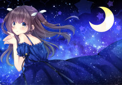 Rule 34 | 1girl, absurdres, bare shoulders, black ribbon, blue background, blue dress, blue eyes, brown hair, cocoa kichigo, crescent, crescent moon, detached sleeves, dress, frilled dress, frills, from behind, gradient eyes, hair ornament, hands up, highres, long hair, looking at viewer, looking back, moon, multicolored eyes, open mouth, original, ribbon, solo, space, star (sky), star (symbol), starry sky print, twintails, wing hair ornament, yellow eyes