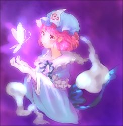 Rule 34 | 1girl, bad id, bad pixiv id, bug, butterfly, gradient background, hat, hitodama, honi (honix3), insect, long sleeves, mob cap, open mouth, pink eyes, pink hair, puffy sleeves, purple background, ribbon, saigyouji yuyuko, short hair, solo, touhou, triangular headpiece, upper body, wide sleeves