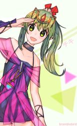 Rule 34 | 1girl, blush, circlet, dress, fire emblem, fire emblem: mystery of the emblem, green eyes, green hair, hair ornament, highres, jewelry, kky, long hair, looking at viewer, nintendo, pink dress, pointy ears, ponytail, simple background, smile, solo, tiara, tiki (fire emblem), tiki (young) (fire emblem)