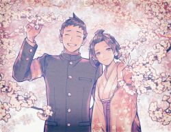 Rule 34 | 1boy, 1girl, ^ ^, ace attorney, amemomism, armband, bangs pinned back, buttons, cherry blossoms, closed eyes, closed mouth, commentary request, facing viewer, floral print, gakuran, grin, hair ribbon, hair rings, hakama, hakama skirt, hand up, jacket, japanese clothes, kimono, long sleeves, looking at viewer, meiji schoolgirl uniform, open mouth, outdoors, petals, ribbon, ryunosuke naruhodo, school uniform, short hair, skirt, smile, susato mikotoba, teeth, the great ace attorney, updo, upper body, wide sleeves