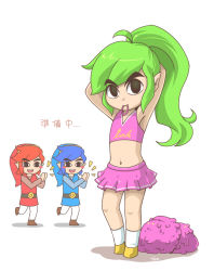 Rule 34 | 3boys, adjusting hair, armpits, arms behind head, arms up, blue hair, cheerleader, cheerleader link, clapping, crossdressing, full body, green hair, hair tie, hair tie in mouth, hands in hair, link, male focus, mouth hold, multiple boys, multiple persona, nintendo, pom pom (cheerleading), ponytail, red hair, sidelocks, simple background, smile, the legend of zelda, the legend of zelda: tri force heroes, toon link, trap, tying hair, white background, yan531