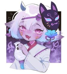 Rule 34 | 1girl, :d, black nails, blush, bottle, byeon-i, facial mark, fangs, highres, holding, holding bottle, japanese clothes, kimono, league of legends, looking at viewer, mask, mask on head, nail polish, open mouth, pink eyes, pointy ears, ribbon-trimmed sleeves, ribbon trim, sake bottle, smile, solo, spirit blossom tristana, translation request, tristana, upper body, whisker markings, white background, white kimono, wide sleeves, yordle
