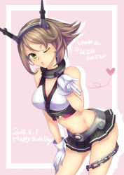Rule 34 | 10s, 1girl, bad id, bad pixiv id, bare shoulders, breasts, brown hair, cleavage, green eyes, kantai collection, kawagoe pochi, midriff, mutsu (kancolle), navel, one eye closed, personification, short hair, solo, wink