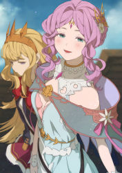 Rule 34 | 2girls, blonde hair, blurry, blurry background, blush, breasts, butterfly hair ornament, cagliostro (granblue fantasy), capelet, closed mouth, dress, forehead jewel, granblue fantasy, green dress, green eyes, hair ornament, hairband, half-closed eyes, lennah, long hair, looking at viewer, medium hair, mifuta, multiple girls, open mouth, outdoors, purple hair, small breasts, smile, solo focus, wrist cuffs