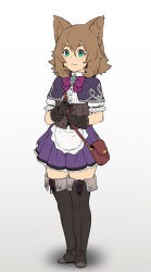 Rule 34 | 1girl, animal ear fluff, animal ears, apron, bag, black footwear, black gloves, boots, bow, brown hair, cat, cat ears, commentary request, dress, full body, gloves, gradient background, green eyes, hair between eyes, houtengeki, looking at viewer, medium hair, original, purple bow, purple dress, simple background, smile, solo, standing, thighhighs, white apron