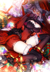 Rule 34 | 1girl, adjusting clothes, adjusting headwear, black footwear, black thighhighs, blurry, blush, bokeh, box, breasts, christmas, cleavage, cleavage cutout, clothing cutout, cluseller, covered navel, covering own mouth, crossed bangs, depth of field, dress, fate/grand order, fate (series), female focus, from above, fur-trimmed headwear, fur-trimmed legwear, fur collar, fur trim, gift, gradient legwear, grey hair, half-closed eyes, hands up, hat, high heels, highres, jeanne d&#039;arc (fate), jeanne d&#039;arc alter (avenger) (fate), jeanne d&#039;arc alter (fate), large breasts, light particles, long sleeves, looking at viewer, lying, multicolored clothes, multicolored legwear, on side, raised eyebrow, red dress, red ribbon, red thighhighs, ribbon, saint quartz (fate), santa hat, shoes, short dress, sleeves past wrists, snowflake print, solo, sweater, sweater dress, thighhighs, thighs, turtleneck dress, wide hips, yellow eyes, yellow ribbon, zettai ryouiki
