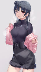 Rule 34 | 1girl, :o, absurdres, black hair, black shirt, black shorts, blunt bangs, blush, breasts, commentary request, cowboy shot, fur-trimmed jacket, fur-trimmed shorts, fur trim, hair bun, high-waist shorts, highres, jacket, jewelry, long hair, long sleeves, looking at viewer, love live!, love live! sunshine!!, medium breasts, necklace, open mouth, pink jacket, purple eyes, shirt, shorts, side bun, single hair bun, single side bun, sweat, tsushima yoshiko, undressing, yamaori (yamaorimon)