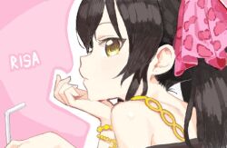 Rule 34 | 1girl, bare shoulders, black hair, bracelet, character name, close-up, commentary request, doremi, drinking straw, expressionless, hair ribbon, head rest, idolmaster, idolmaster cinderella girls, jewelry, korean commentary, long hair, looking at viewer, matoba risa, pink background, pink ribbon, ribbon, sideways glance, sketch, solo, twintails, yellow eyes