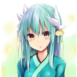 Rule 34 | 1girl, aqua hair, blush, breasts, commentary request, dragon horns, face, fate/grand order, fate (series), green hair, green kimono, hair between eyes, hair ornament, horns, japanese clothes, kimono, kiyohime (fate), large breasts, long hair, looking at viewer, sen (astronomy), solo, yellow eyes