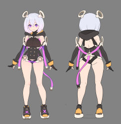 Rule 34 | 1girl, arms at sides, ass, breasts, closed mouth, concept art, contrapposto, detached hood, elbow gloves, enkyo yuuichirou, female focus, flat color, full body, gloves, grey background, grey hair, hair between eyes, hair ornament, highres, hood, hood down, large breasts, looking at viewer, medium hair, multiple views, nail polish, original, panties, partially fingerless gloves, pink nails, purple eyes, shoes, simple background, smile, standing, tail, underwear
