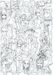 Rule 34 | 6+boys, 6+girls, absurdres, animal, building, city, creatures (company), denim, dog, game freak, glasses, grin, hands in pockets, highres, jacket, jeans, lined paper, long hair, monochrome, multiple boys, multiple girls, necktie, nintendo, open mouth, original, pants, pointing, poke ball, pokemon, shoes, short hair, sketch, smile, standing, teeth, tomioka jirou, traditional media, walking