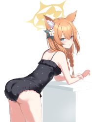 Rule 34 | 1girl, absurdres, animal ear fluff, animal ears, ass, bare shoulders, black one-piece swimsuit, blue archive, blue eyes, blush, braid, breasts, collarbone, flower, frilled one-piece swimsuit, frills, hair flower, hair ornament, halo, highres, long hair, looking at viewer, mari (blue archive), mari (swimsuit) (blue archive), mm (pomeme4), one-piece swimsuit, orange hair, parted lips, solo, swimsuit, thighs, twin braids