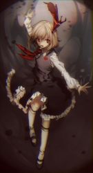 Rule 34 | 1girl, blonde hair, chromatic aberration, frilled skirt, frills, full body, gradient background, hair ribbon, highres, kneehighs, long sleeves, looking to the side, mary janes, md5 mismatch, necktie, no-kan, open mouth, outstretched arms, red eyes, resized, resolution mismatch, ribbon, rumia, shirt, shoes, short hair, skirt, skirt set, smile, socks, solo, source larger, touhou, vest, white socks